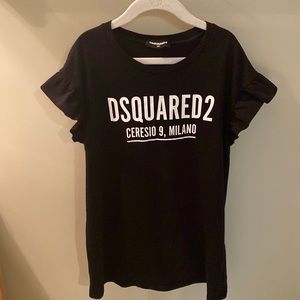 D squared 2 black logo t shirt with ruffle sleeve, size 14